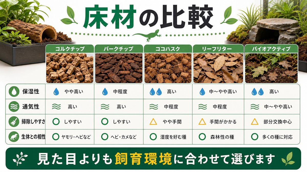 📊 各床材の特性比較一覧の要点をまとめたカメレオン・爬虫類飼育インフォグラフィック