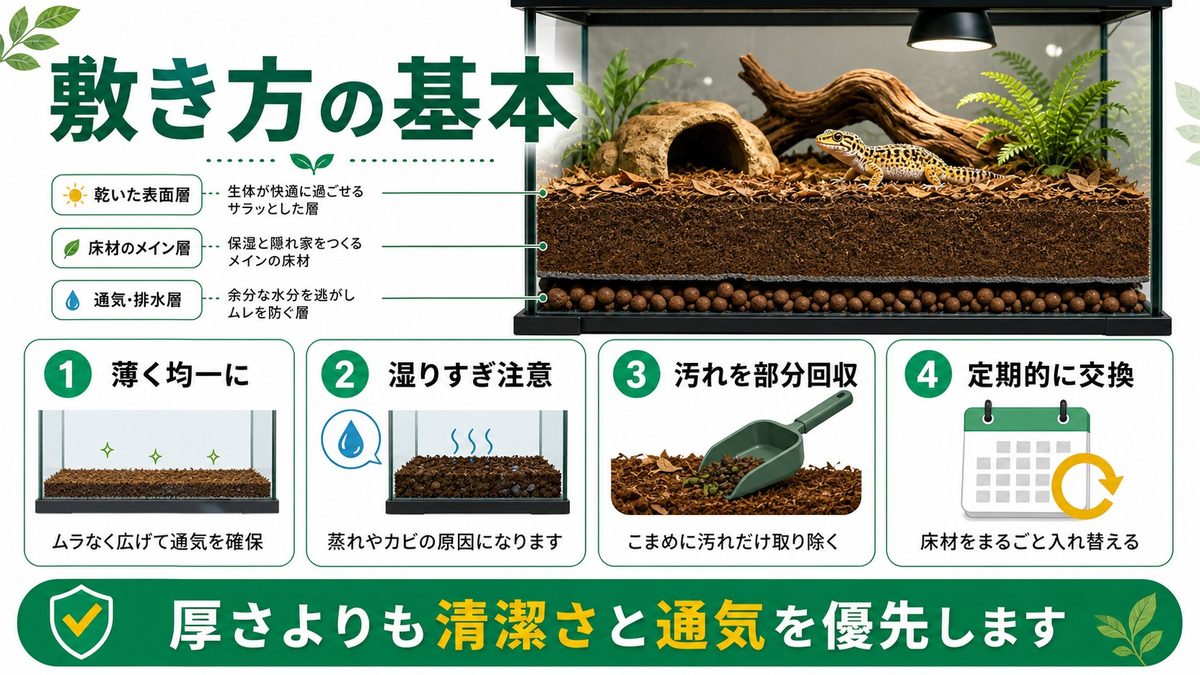 🔧 正しい敷き方・厚さ・交換タイミングの要点をまとめたカメレオン・爬虫類飼育インフォグラフィック