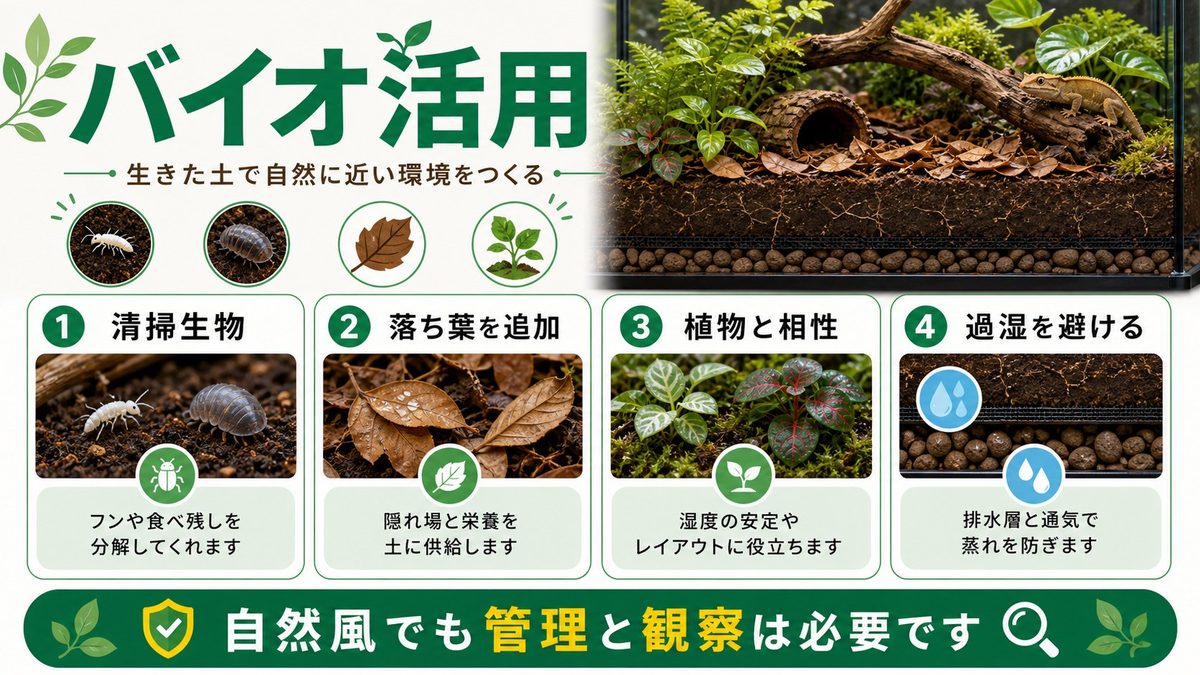 🌿 バイオアクティブビバリウムでの活用法の要点をまとめたカメレオン・爬虫類飼育インフォグラフィック