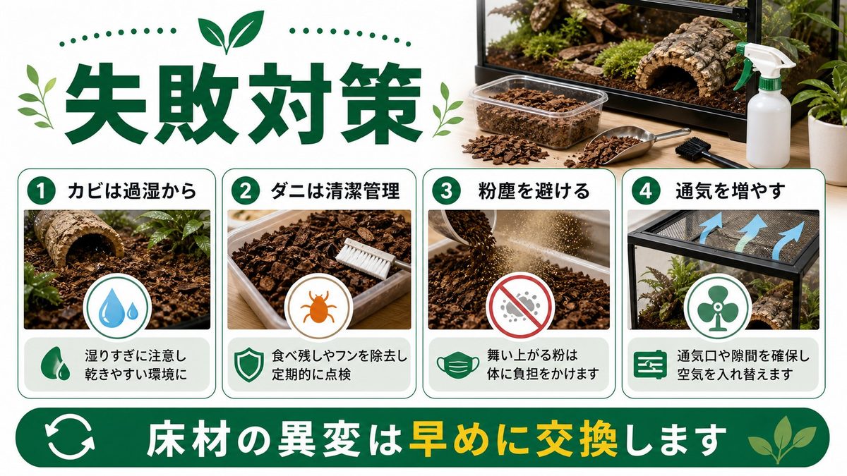 ⚠️ よくある失敗と対策（カビ・ダニ・粉塵問題）の要点をまとめたカメレオン・爬虫類飼育インフォグラフィック