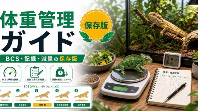 爬虫類の体重管理・肥満対策完全ガイド｜BCS・適正体重・減量プラン・記録術の要点を伝えるカメレオン・爬虫類記事アイキャッチ画像