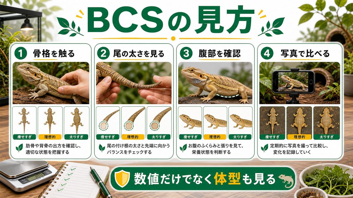 BCS（ボディコンディションスコア）の見方の要点をまとめたカメレオン・爬虫類飼育インフォグラフィック