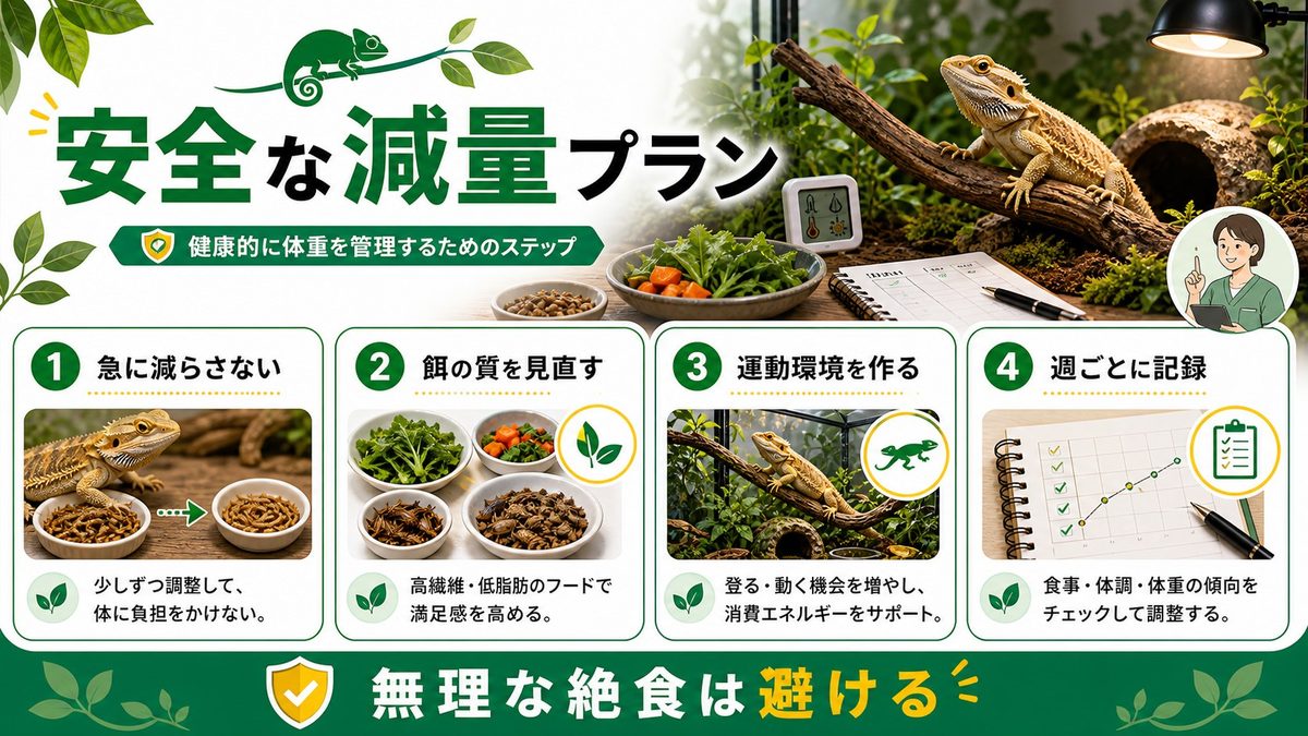安全な減量プランの要点をまとめたカメレオン・爬虫類飼育インフォグラフィック