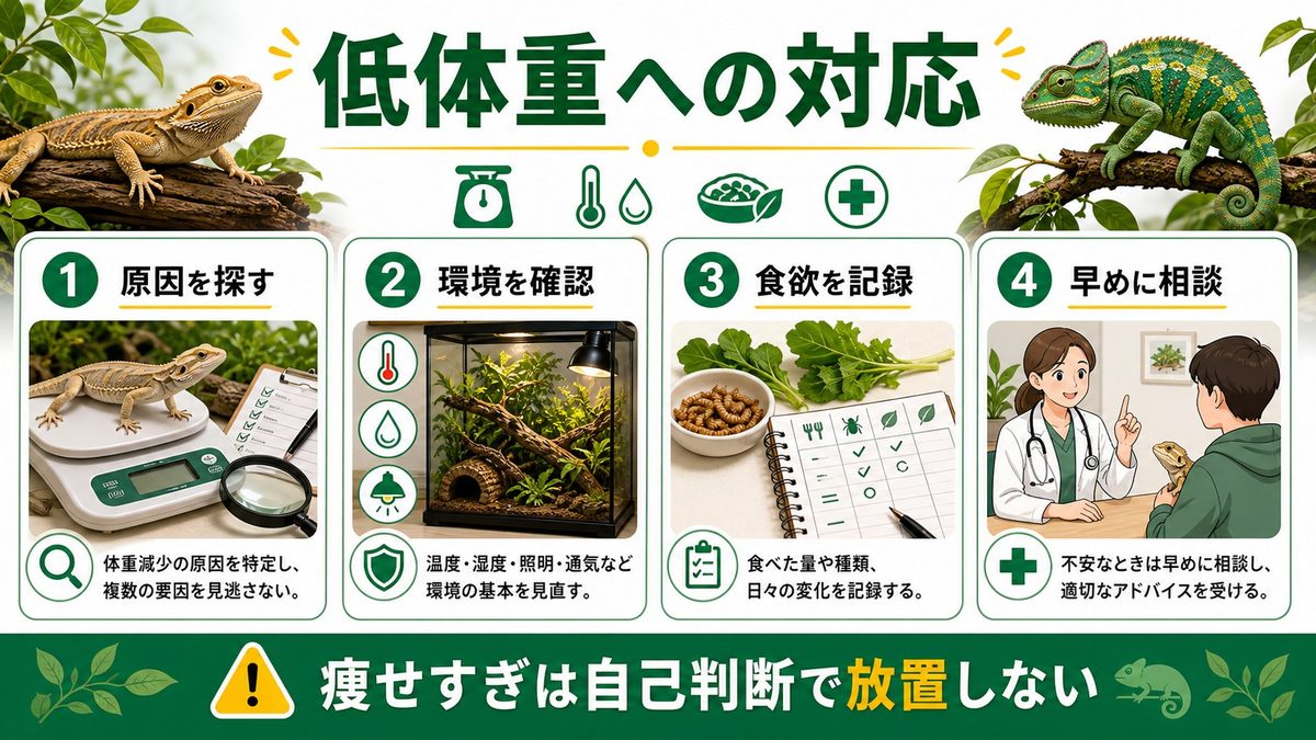 痩せすぎ（低体重）への対応の要点をまとめたカメレオン・爬虫類飼育インフォグラフィック
