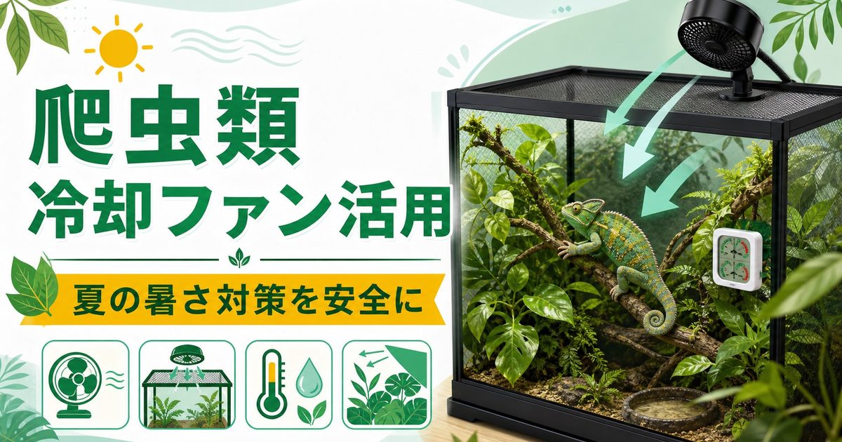 爬虫類の夏対策・冷却ファン・クーラー完全ガイド！熱中症予防・ケージ冷却・夏の温度管理方法を徹底解説の要点を伝えるカメレオン・爬虫類記事アイキャッチ画像