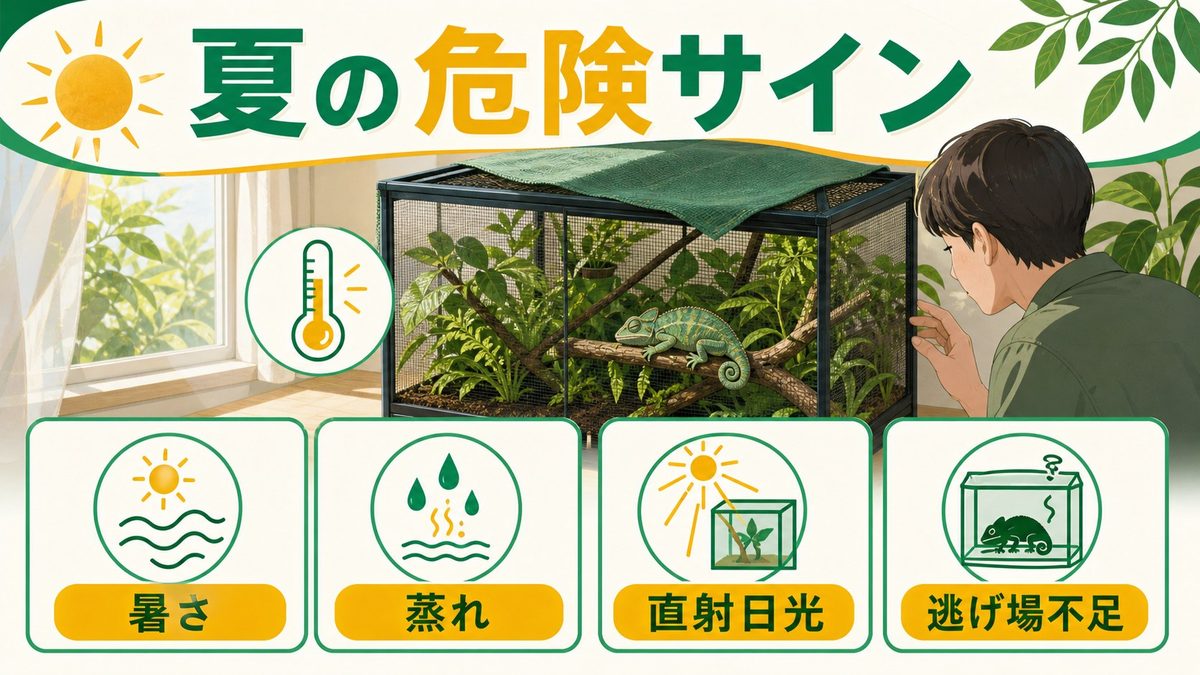 🌡️ 爬虫類の夏の危険性——熱中症リスクと温度上昇の影響の要点をまとめたカメレオン・爬虫類飼育インフォグラフィック