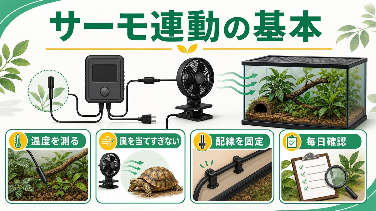🔌 サーモスタットと冷却機器の連動方法の要点をまとめたカメレオン・爬虫類飼育インフォグラフィック