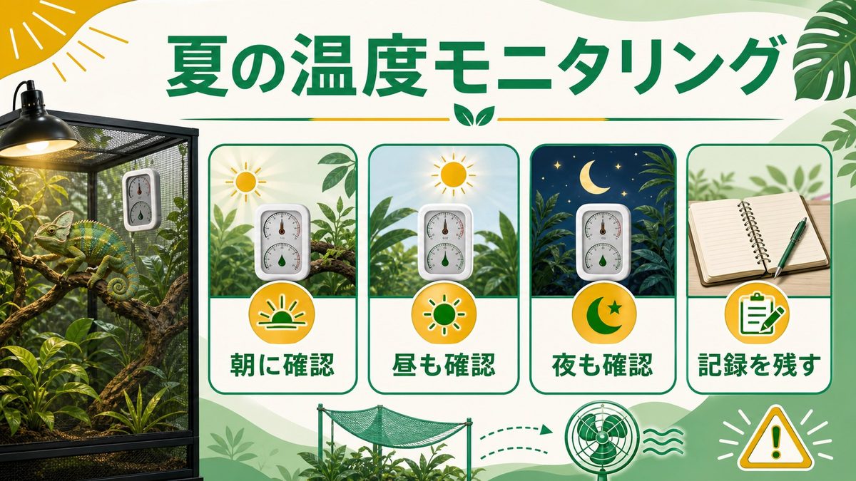 📊 夏の温度モニタリング方法——最高最低温度計の活用の要点をまとめたカメレオン・爬虫類飼育インフォグラフィック