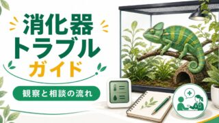 爬虫類・カメレオンの消化器疾患完全ガイド！腸炎・腸閉塞・下痢の症状・原因・応急処置・予防方法を徹底解説の要点を伝えるカメレオン・爬虫類記事アイキャッチ画像