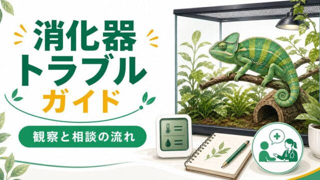 爬虫類・カメレオンの消化器疾患完全ガイド！腸炎・腸閉塞・下痢の症状・原因・応急処置・予防方法を徹底解説の要点を伝えるカメレオン・爬虫類記事アイキャッチ画像