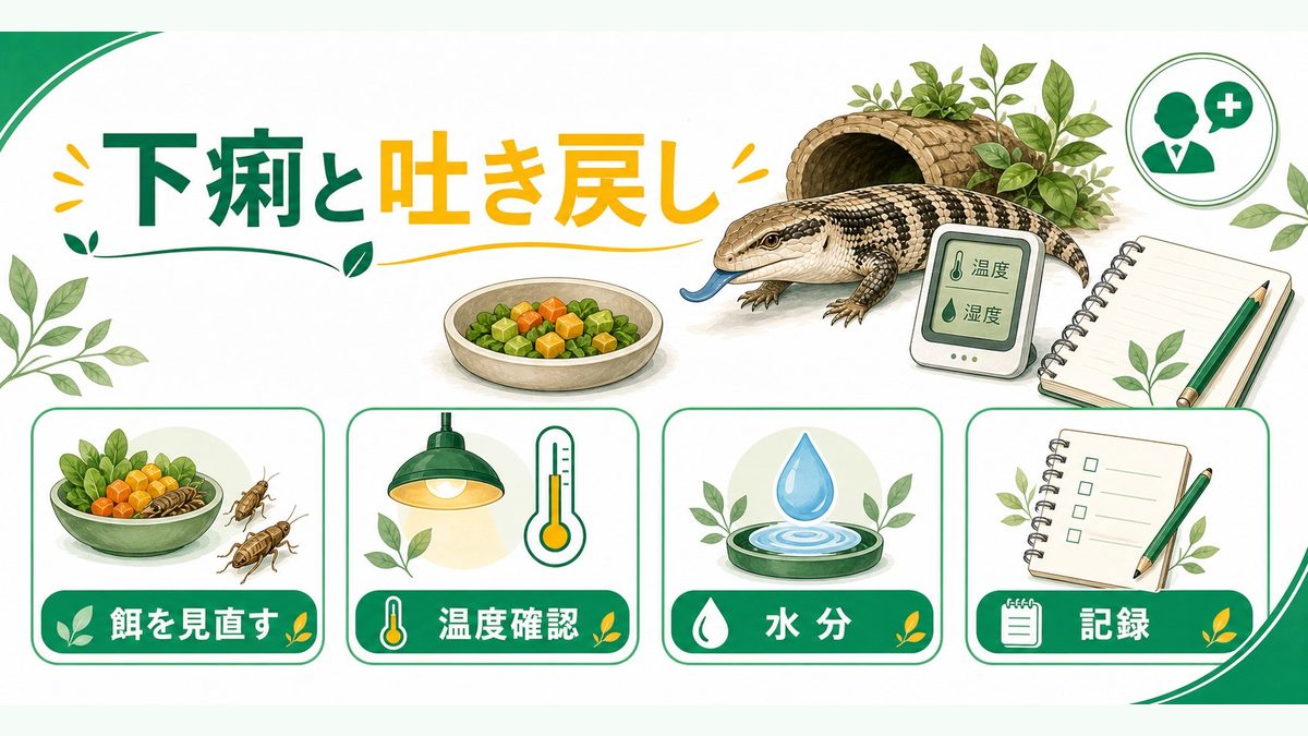 下痢・吐き戻しの原因と家庭でできる対処法の要点をまとめたカメレオン・爬虫類飼育インフォグラフィック