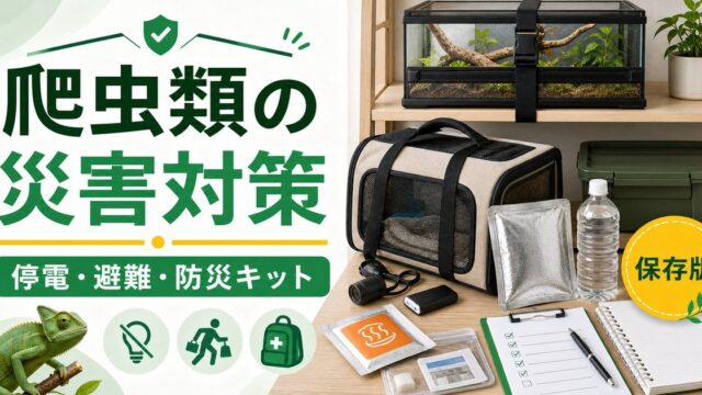 爬虫類の災害避難準備完全ガイド｜地震・台風・停電に備える防災対策と緊急持ち出しキットの要点を伝えるカメレオン・爬虫類記事アイキャッチ画像