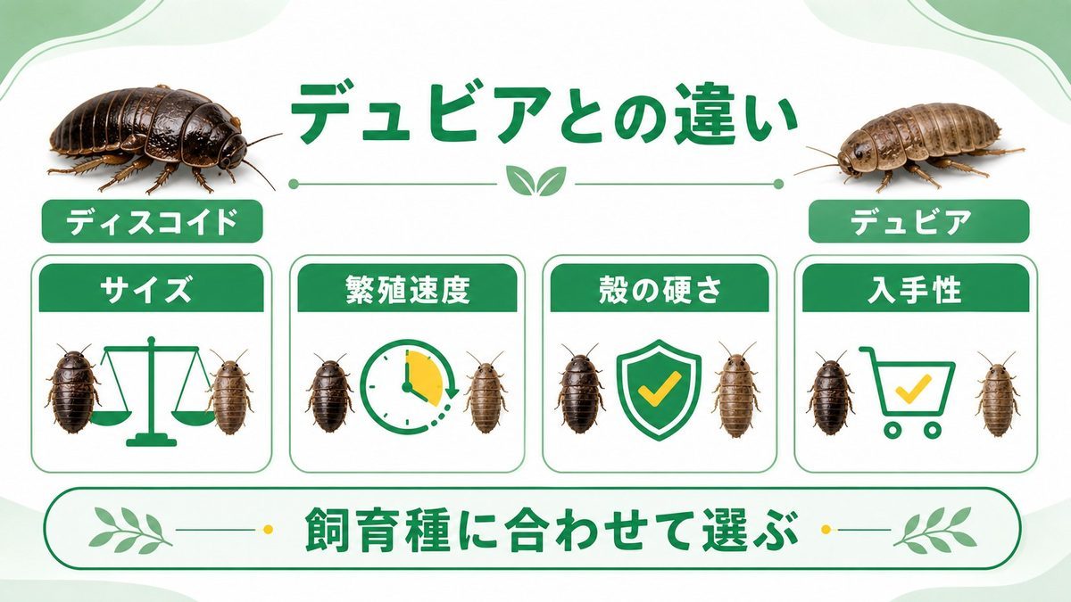 ディスコイドとデュビアの違い：どっちを選ぶ？の要点をまとめたカメレオン・爬虫類飼育インフォグラフィック
