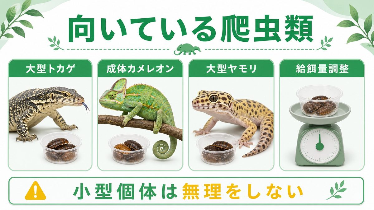 給餌対象：ディスコイドが向いている爬虫類の要点をまとめたカメレオン・爬虫類飼育インフォグラフィック