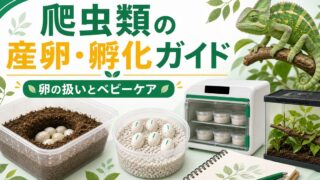 爬虫類・カメレオンの産卵・孵化完全ガイド！孵卵器・バーミキュライト・温度湿度管理・孵化まで徹底解説の要点を伝えるカメレオン・爬虫類記事アイキャッチ画像