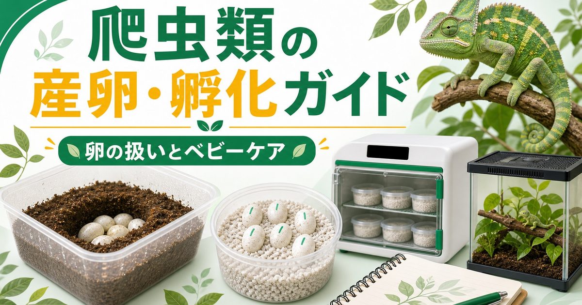 爬虫類・カメレオンの産卵・孵化完全ガイド！孵卵器・バーミキュライト・温度湿度管理・孵化まで徹底解説の要点を伝えるカメレオン・爬虫類記事アイキャッチ画像
