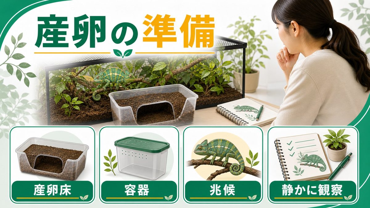 ①産卵の準備（産卵床材・容器・兆候を見分ける）の要点をまとめたカメレオン・爬虫類飼育インフォグラフィック