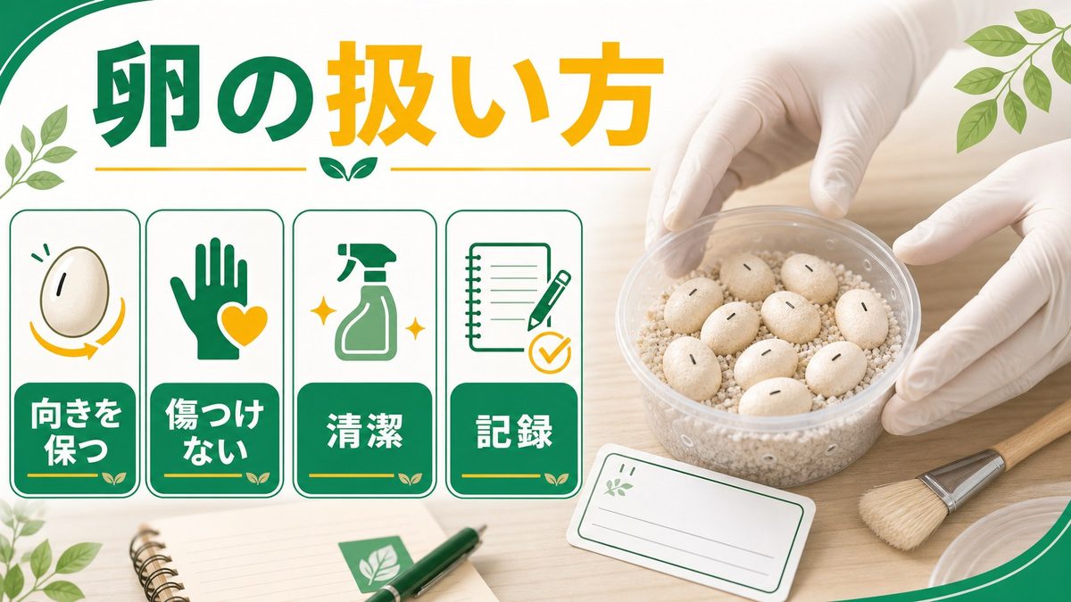 ②産卵後の卵の取り扱い方（向きを変えない・傷をつけない）の要点をまとめたカメレオン・爬虫類飼育インフォグラフィック