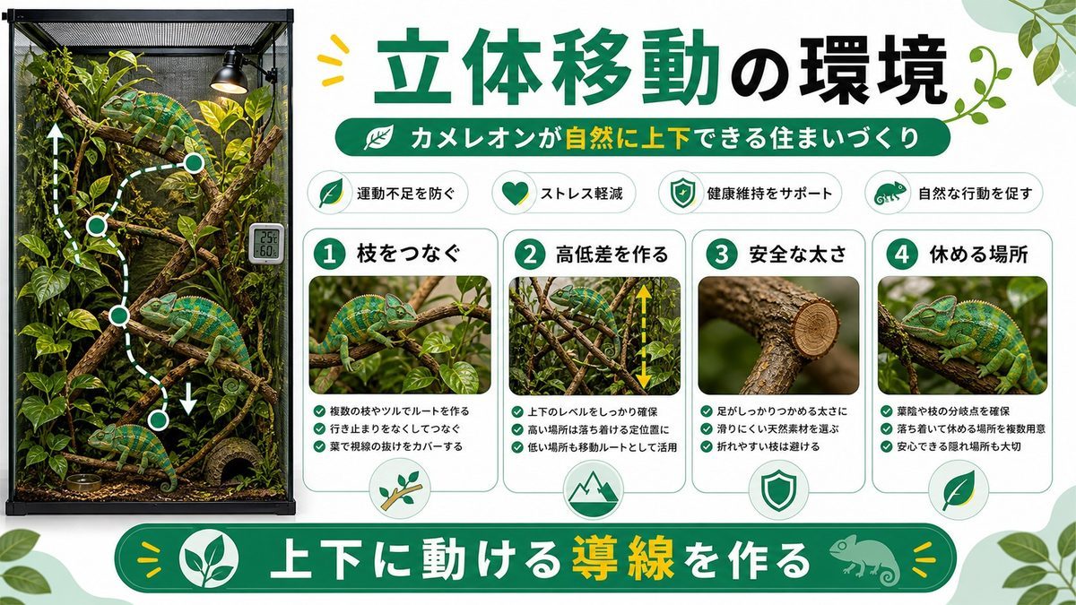 カメレオンに必要なエンリッチメント①:立体移動の環境の要点をまとめたカメレオン・爬虫類飼育インフォグラフィック