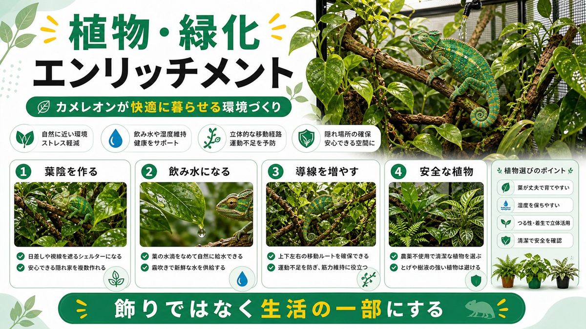 カメレオンに必要なエンリッチメント②:植物・緑化エンリッチメントの要点をまとめたカメレオン・爬虫類飼育インフォグラフィック