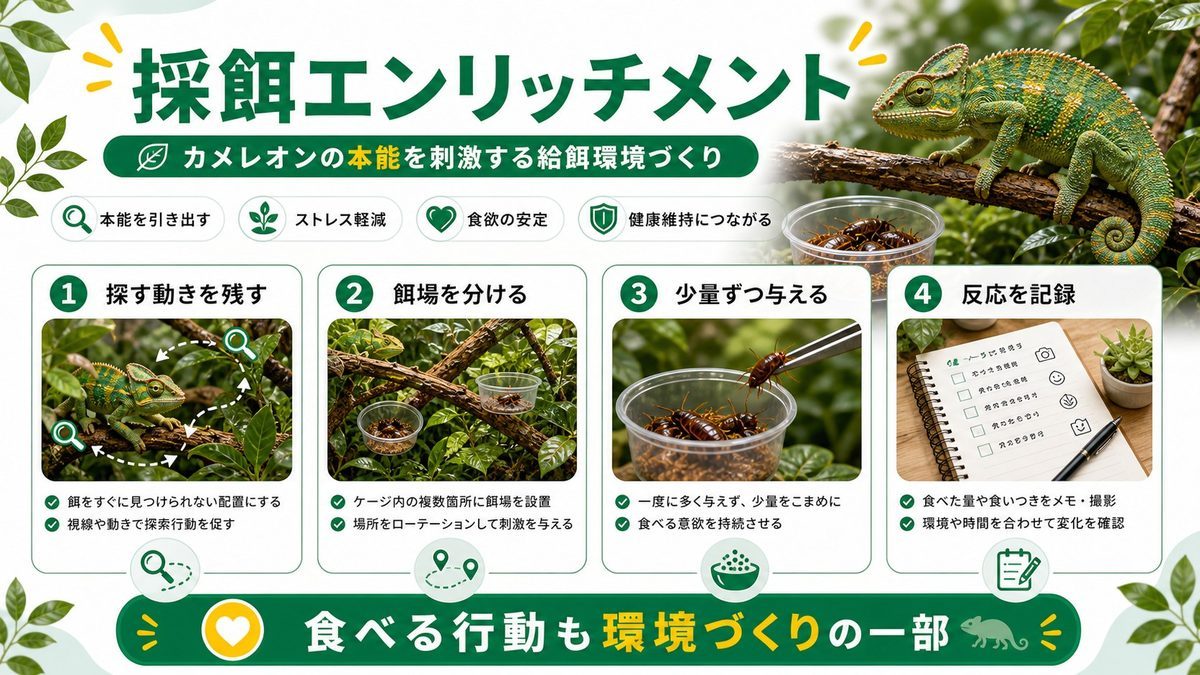 カメレオンに必要なエンリッチメント③:採餌エンリッチメントの要点をまとめたカメレオン・爬虫類飼育インフォグラフィック