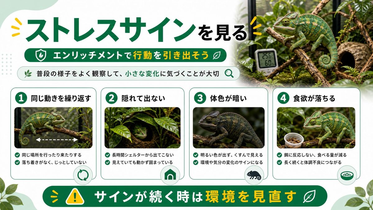 NG行動サイン:ストレスのサインを見逃さないで!の要点をまとめたカメレオン・爬虫類飼育インフォグラフィック