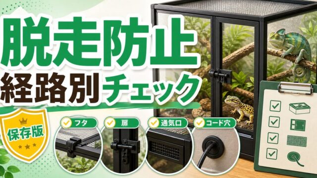 爬虫類の脱走防止完全ガイド！経路別対策・ケージ選び・脱走したときの対処法の要点を伝えるカメレオン・爬虫類記事アイキャッチ画像