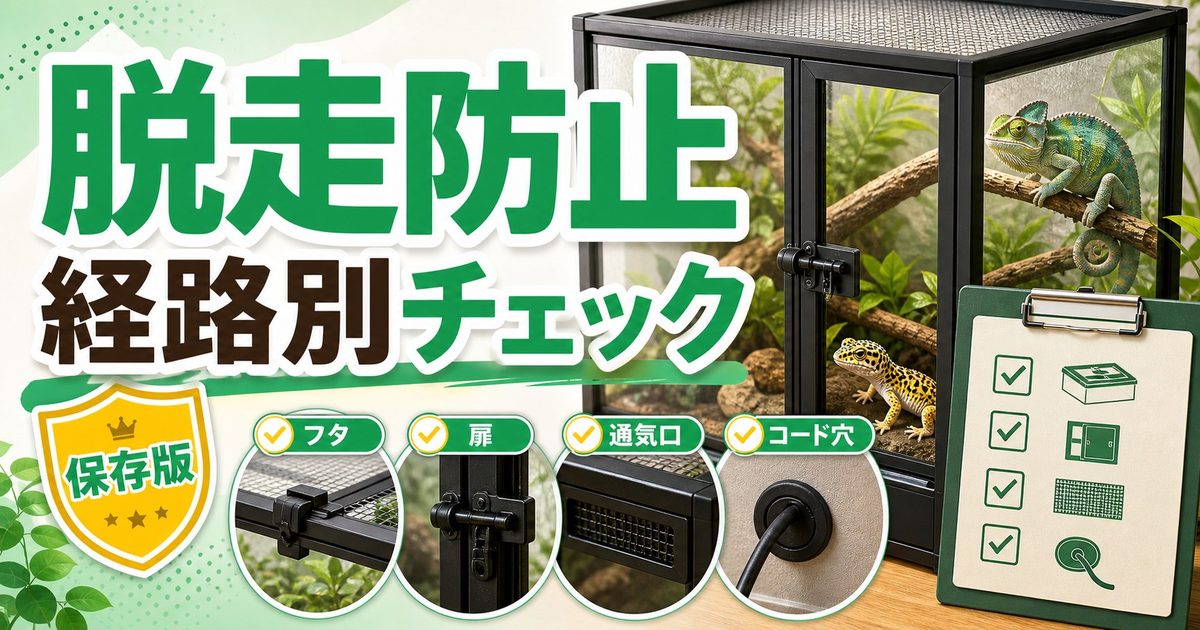 爬虫類の脱走防止完全ガイド！経路別対策・ケージ選び・脱走したときの対処法の要点を伝えるカメレオン・爬虫類記事アイキャッチ画像