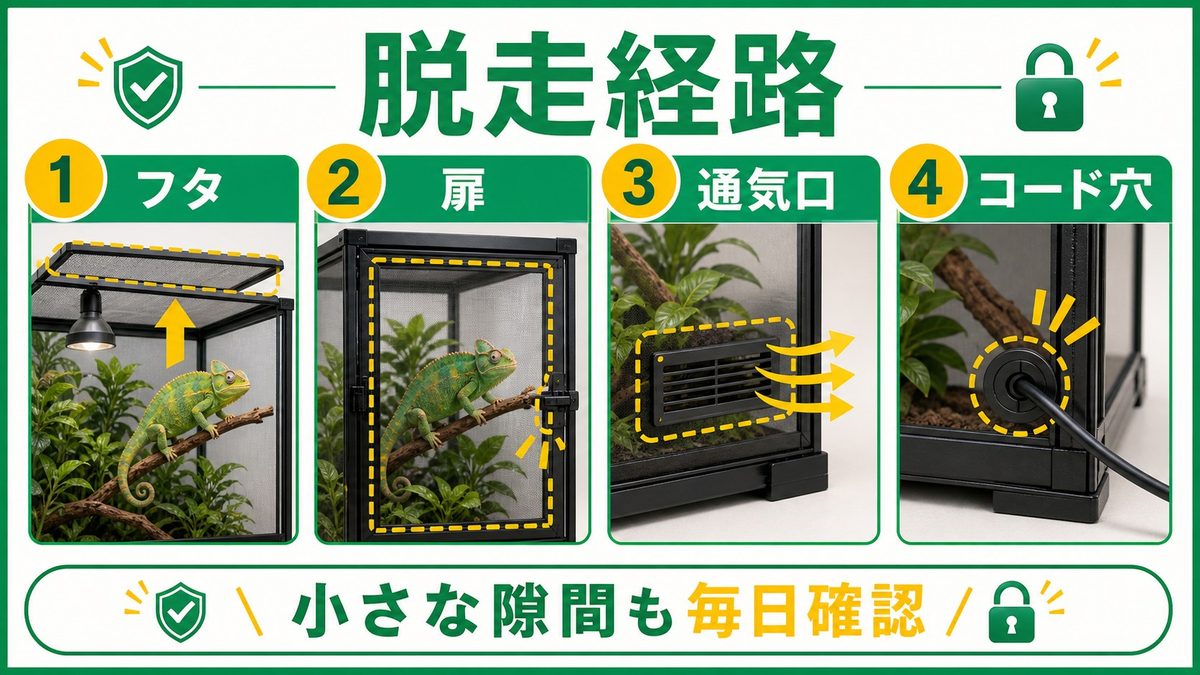 爬虫類が脱走する仕組みと主な経路の要点をまとめたカメレオン・爬虫類飼育インフォグラフィック