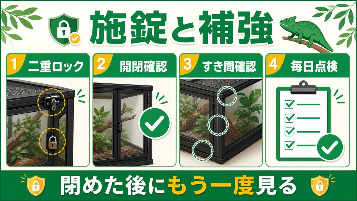 フタ・扉の確実な施錠と補強方法の要点をまとめたカメレオン・爬虫類飼育インフォグラフィック
