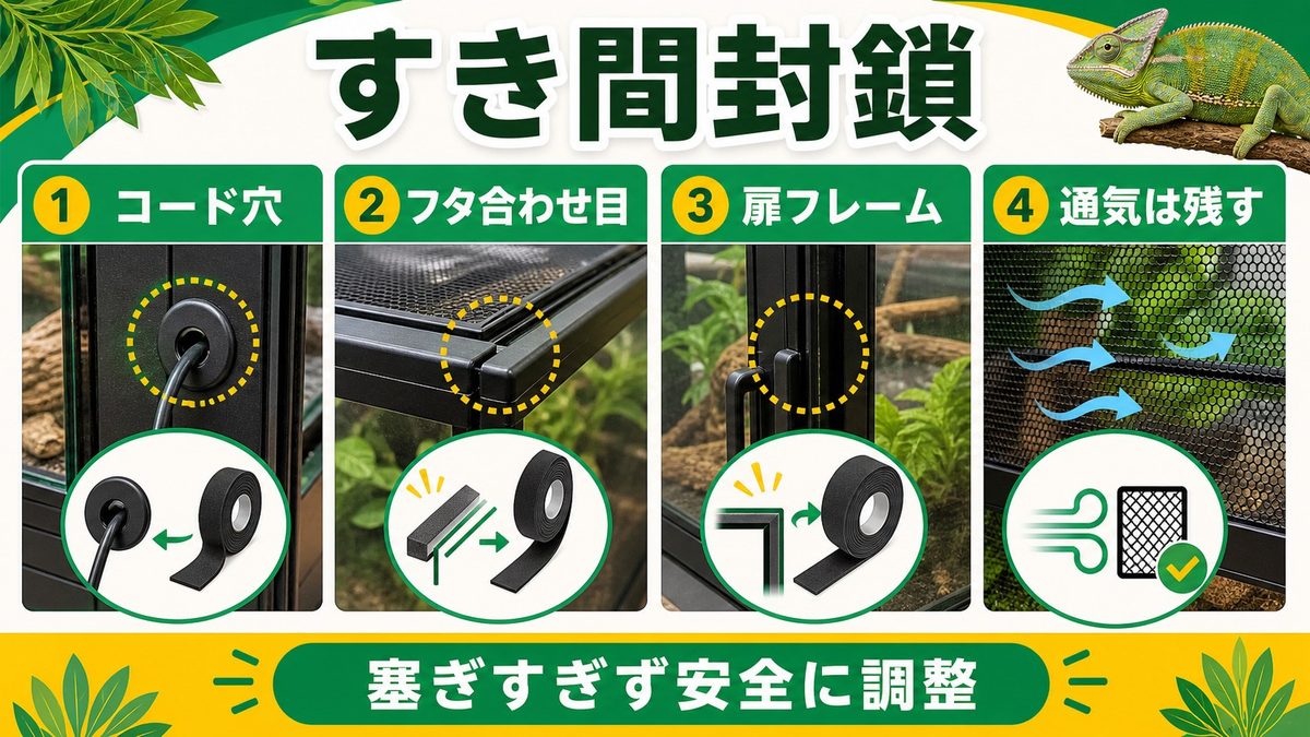 隙間テープで微細な穴を徹底封鎖の要点をまとめたカメレオン・爬虫類飼育インフォグラフィック