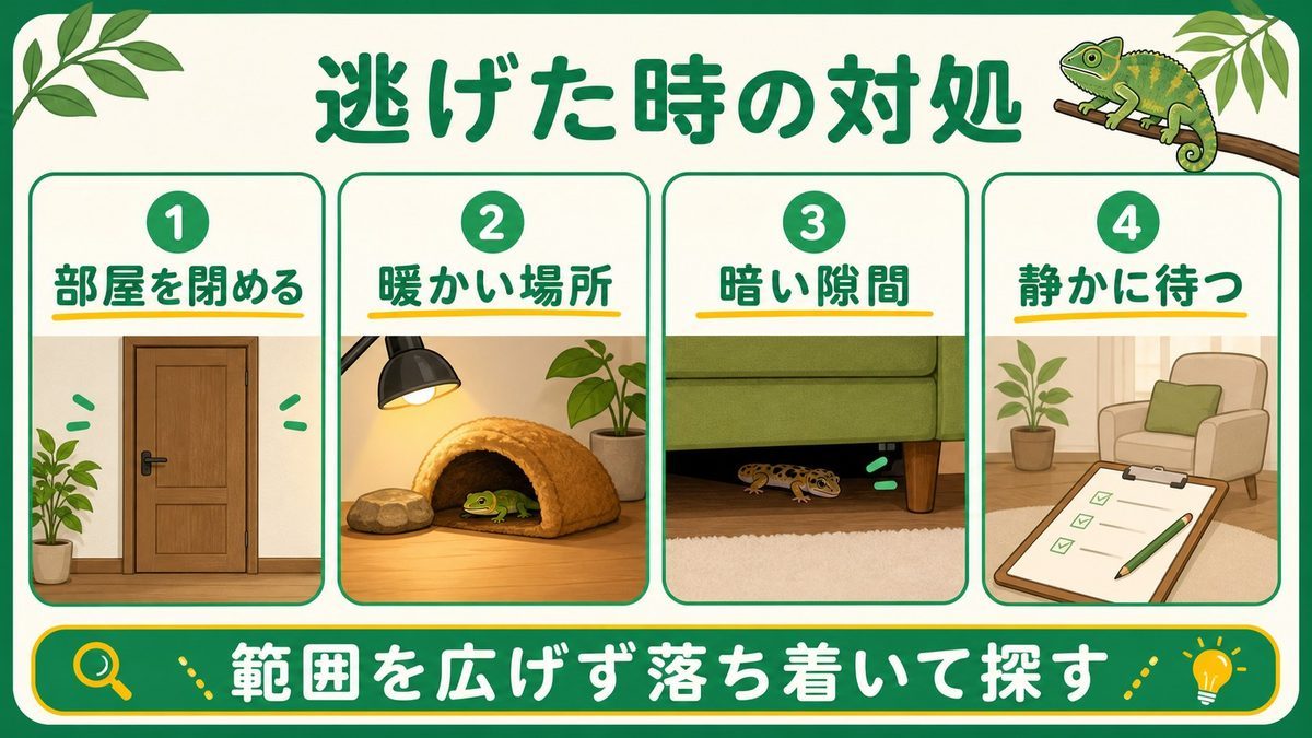 脱走してしまったときの捜索・対処法の要点をまとめたカメレオン・爬虫類飼育インフォグラフィック
