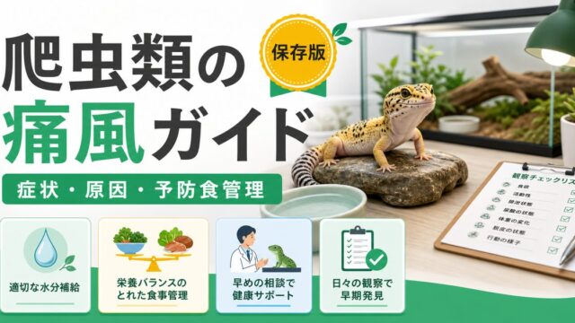 爬虫類の痛風（ガウト）完全ガイド！尿酸蓄積・関節腫れ・原因・治療・予防食管理を徹底解説の要点を伝えるカメレオン・爬虫類記事アイキャッチ画像