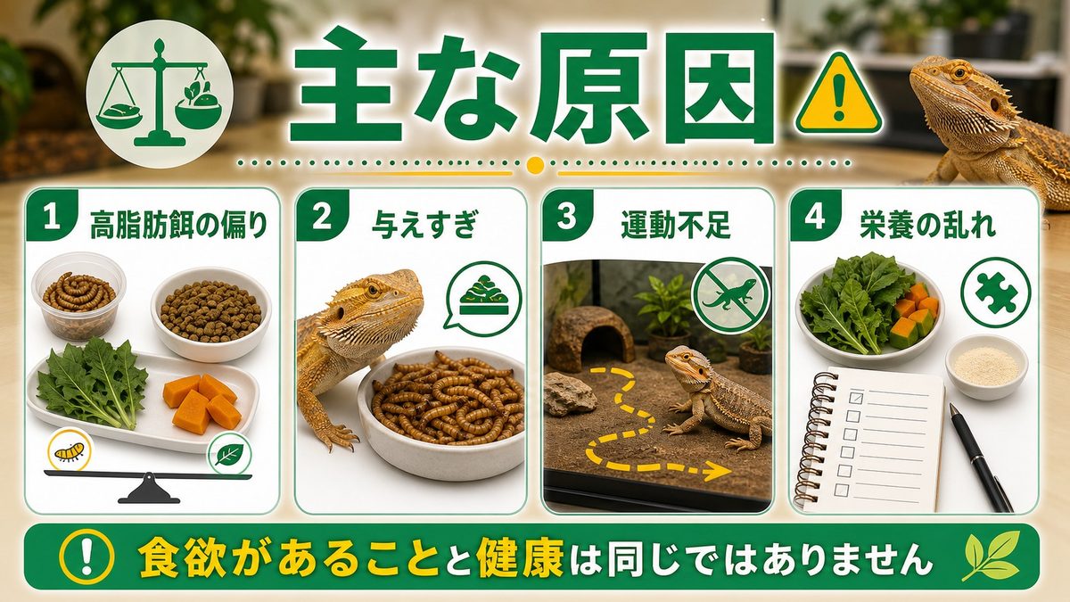 主な原因〜給餌の偏り・運動不足・栄養失調の要点をまとめたカメレオン・爬虫類飼育インフォグラフィック
