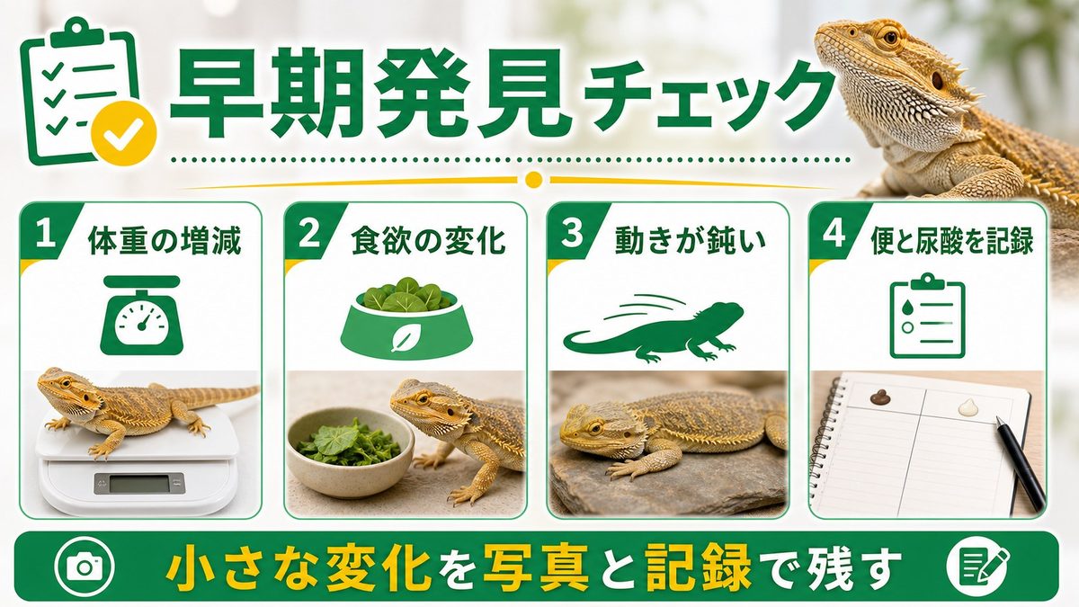 症状と早期発見のチェックリストの要点をまとめたカメレオン・爬虫類飼育インフォグラフィック