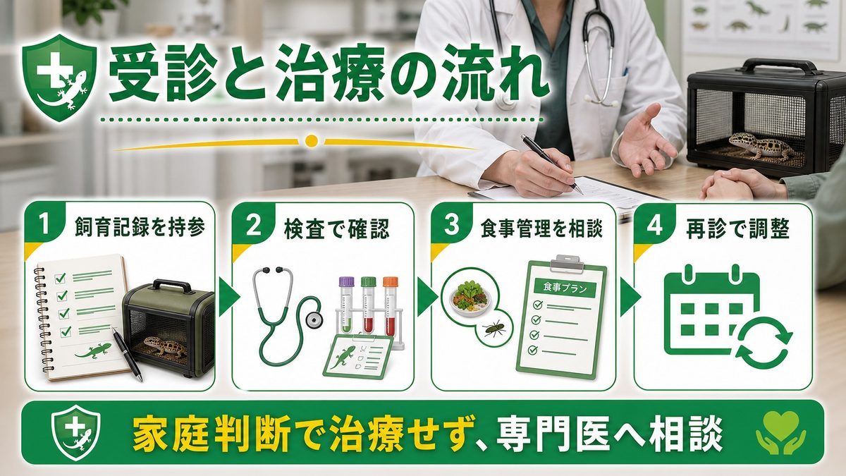 動物病院での診断と治療の要点をまとめたカメレオン・爬虫類飼育インフォグラフィック