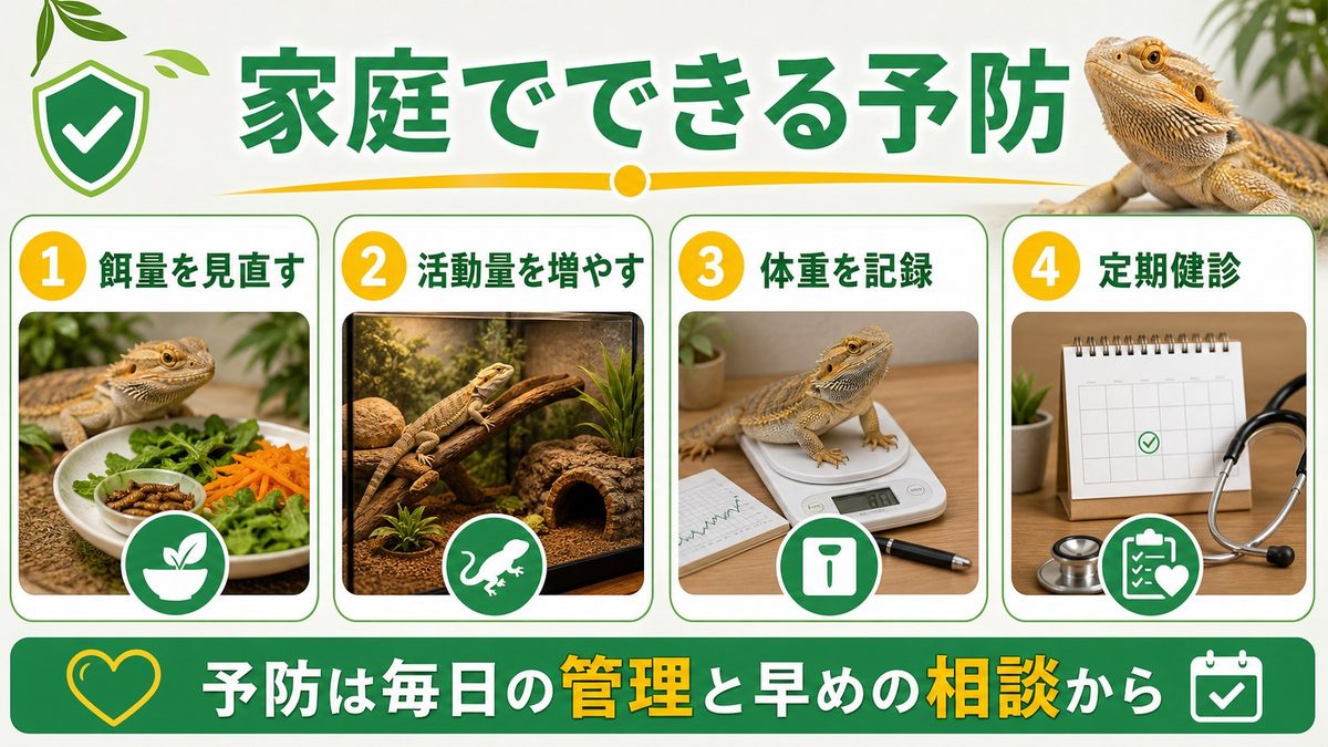家庭でできる予防・サポートケアの要点をまとめたカメレオン・爬虫類飼育インフォグラフィック