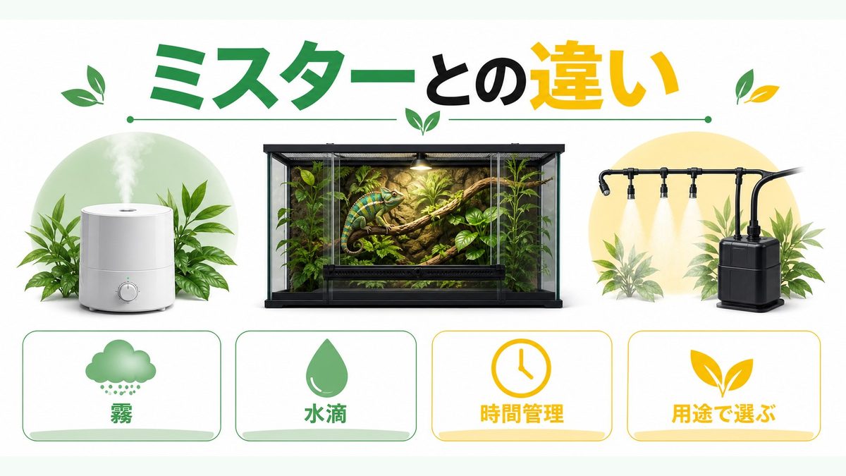 自動ミスティングシステムとの違い・どちらを選ぶべき？の要点をまとめたカメレオン・爬虫類飼育インフォグラフィック