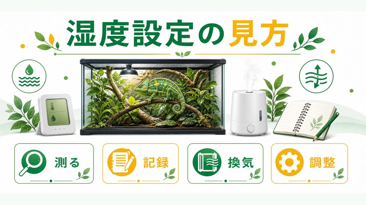 温湿度計との連携・正しい湿度設定の方法の要点をまとめたカメレオン・爬虫類飼育インフォグラフィック