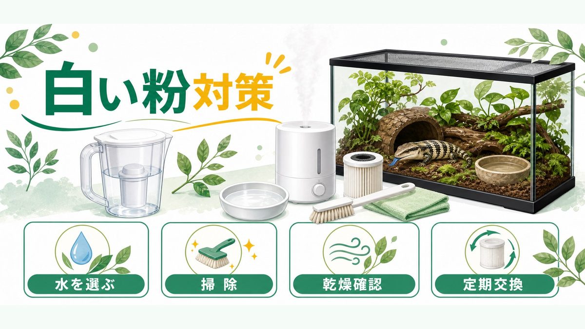 カルキ問題・白い粉対策とメンテナンスのコツの要点をまとめたカメレオン・爬虫類飼育インフォグラフィック