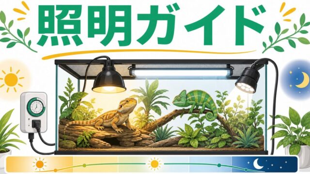 爬虫類のライティング完全ガイド！UVB・バスキング・LEDの選び方と組み合わせを徹底解説の要点を伝えるカメレオン・爬虫類記事アイキャッチ画像