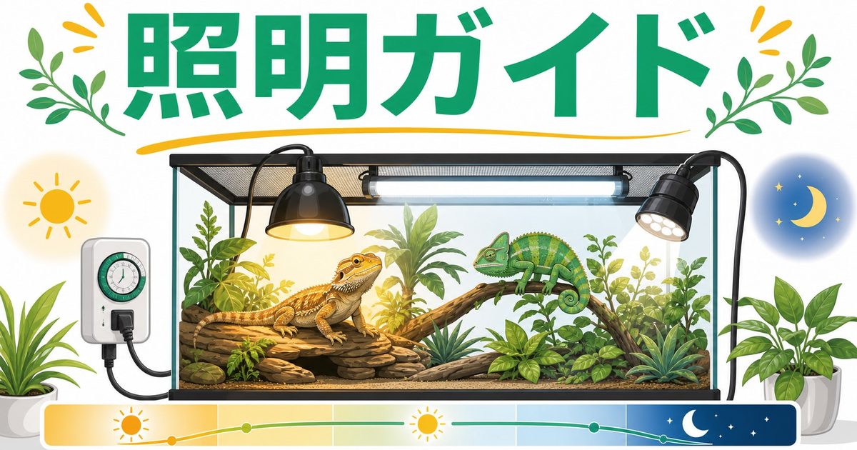 爬虫類のライティング完全ガイド！UVB・バスキング・LEDの選び方と組み合わせを徹底解説の要点を伝えるカメレオン・爬虫類記事アイキャッチ画像