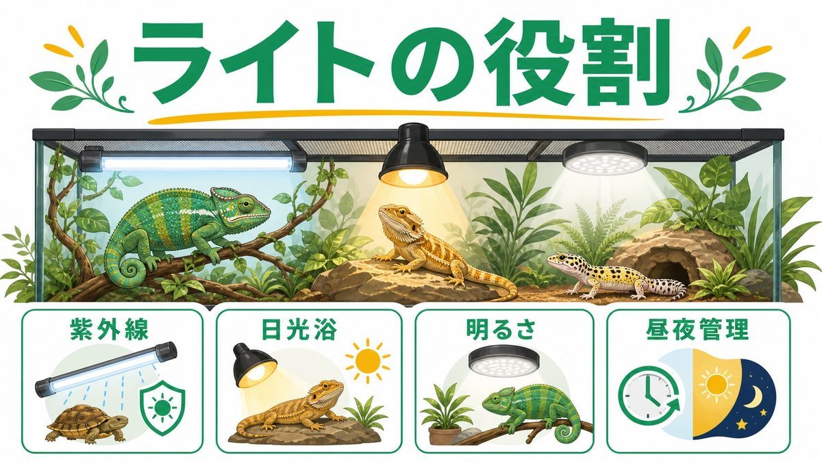 爬虫類用ライトの種類と役割の要点をまとめたカメレオン・爬虫類飼育インフォグラフィック