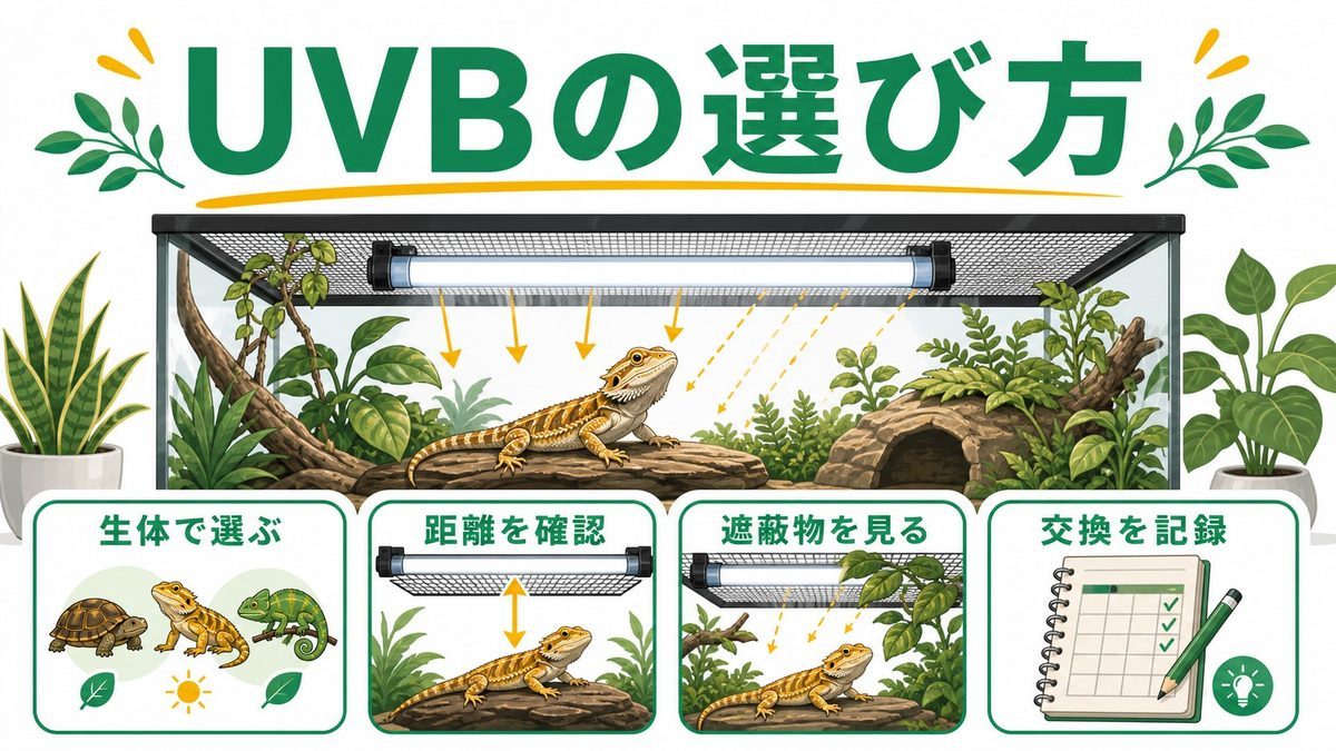 UVB蛍光灯の選び方（T5HO・T8の違いと出力の目安）の要点をまとめたカメレオン・爬虫類飼育インフォグラフィック