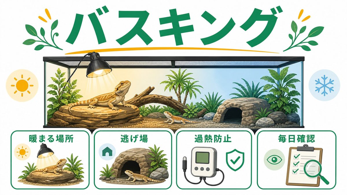 バスキングランプの選び方と温度管理の要点をまとめたカメレオン・爬虫類飼育インフォグラフィック
