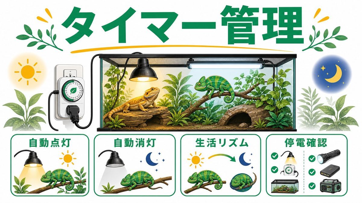 タイマーで照明を自動管理するの要点をまとめたカメレオン・爬虫類飼育インフォグラフィック