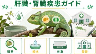 爬虫類・カメレオンの肝臓・腎臓疾患完全ガイド！症状・原因・予防・治療の受診タイミングを徹底解説の要点を伝えるカメレオン・爬虫類記事アイキャッチ画像