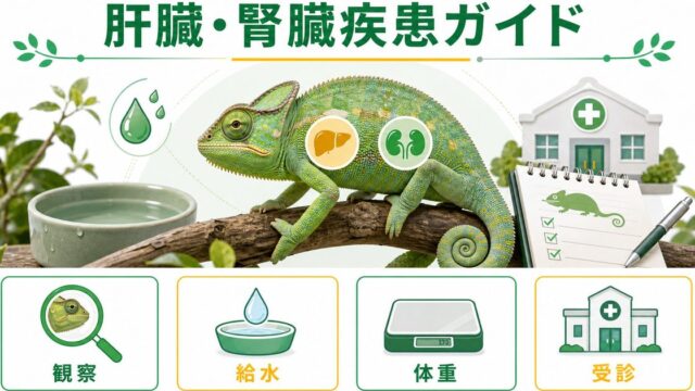 爬虫類・カメレオンの肝臓・腎臓疾患完全ガイド！症状・原因・予防・治療の受診タイミングを徹底解説の要点を伝えるカメレオン・爬虫類記事アイキャッチ画像