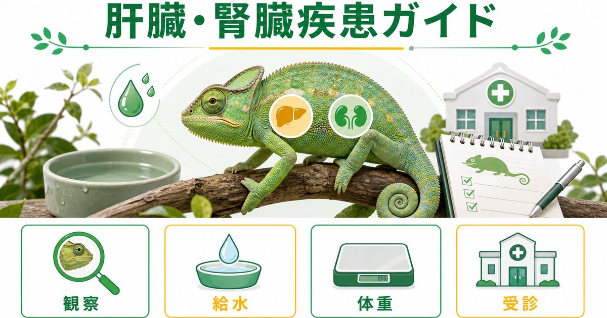 爬虫類・カメレオンの肝臓・腎臓疾患完全ガイド！症状・原因・予防・治療の受診タイミングを徹底解説の要点を伝えるカメレオン・爬虫類記事アイキャッチ画像