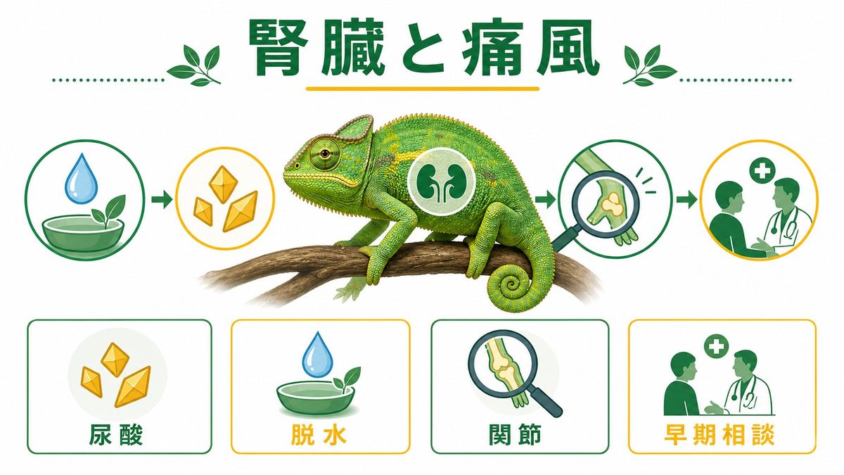 💧 腎臓疾患：原因・症状・痛風との関係の要点をまとめたカメレオン・爬虫類飼育インフォグラフィック